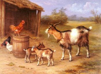 Edgar Hunt : A farmyard Scene With Goats And Chickens